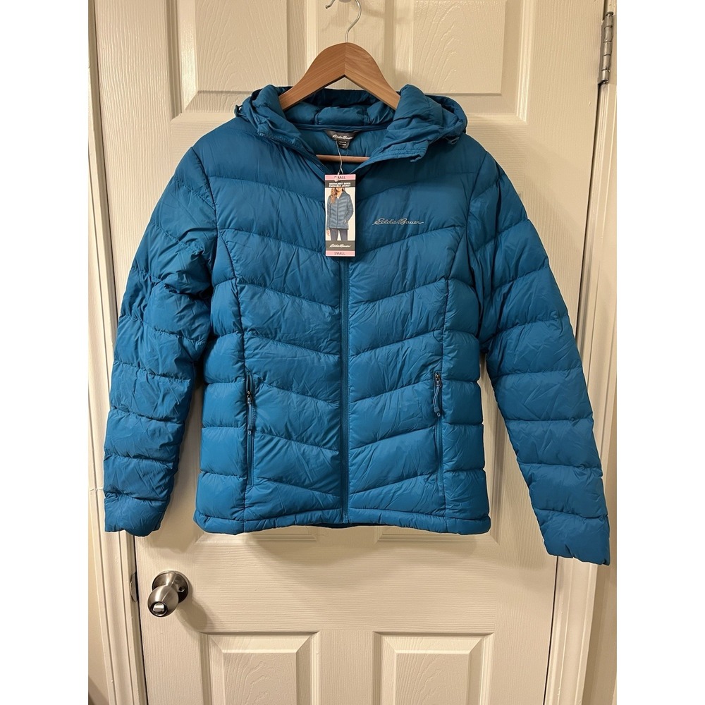 NWT Eddie Bauer EB650 Womens Microlight Down Jacket Small Hooded Teal NEW